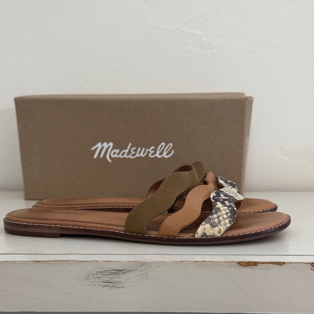 Madewell Women's snake embossed leather and tan and olive leather Sandals.